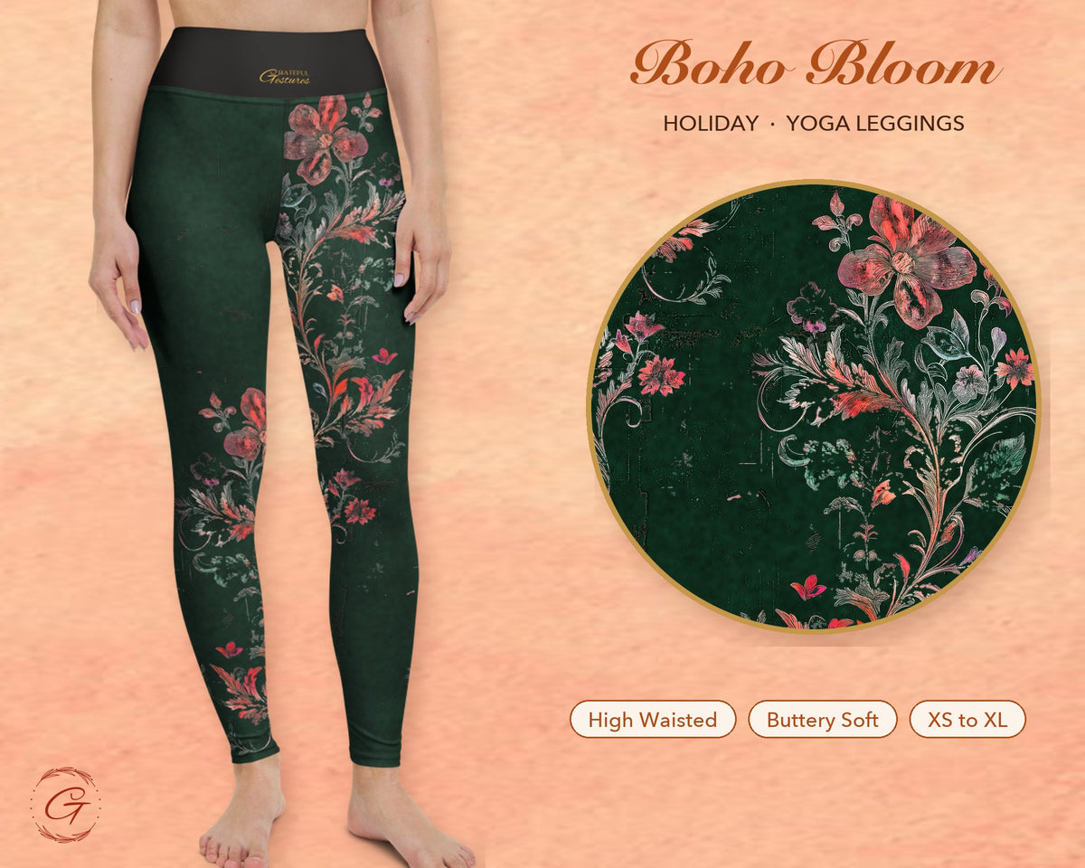 Christmas Green Boho Floral Leggings for Women, Red Flower Yoga Pants, High Waisted Workout Leggings, Botanical Print Gift for Her