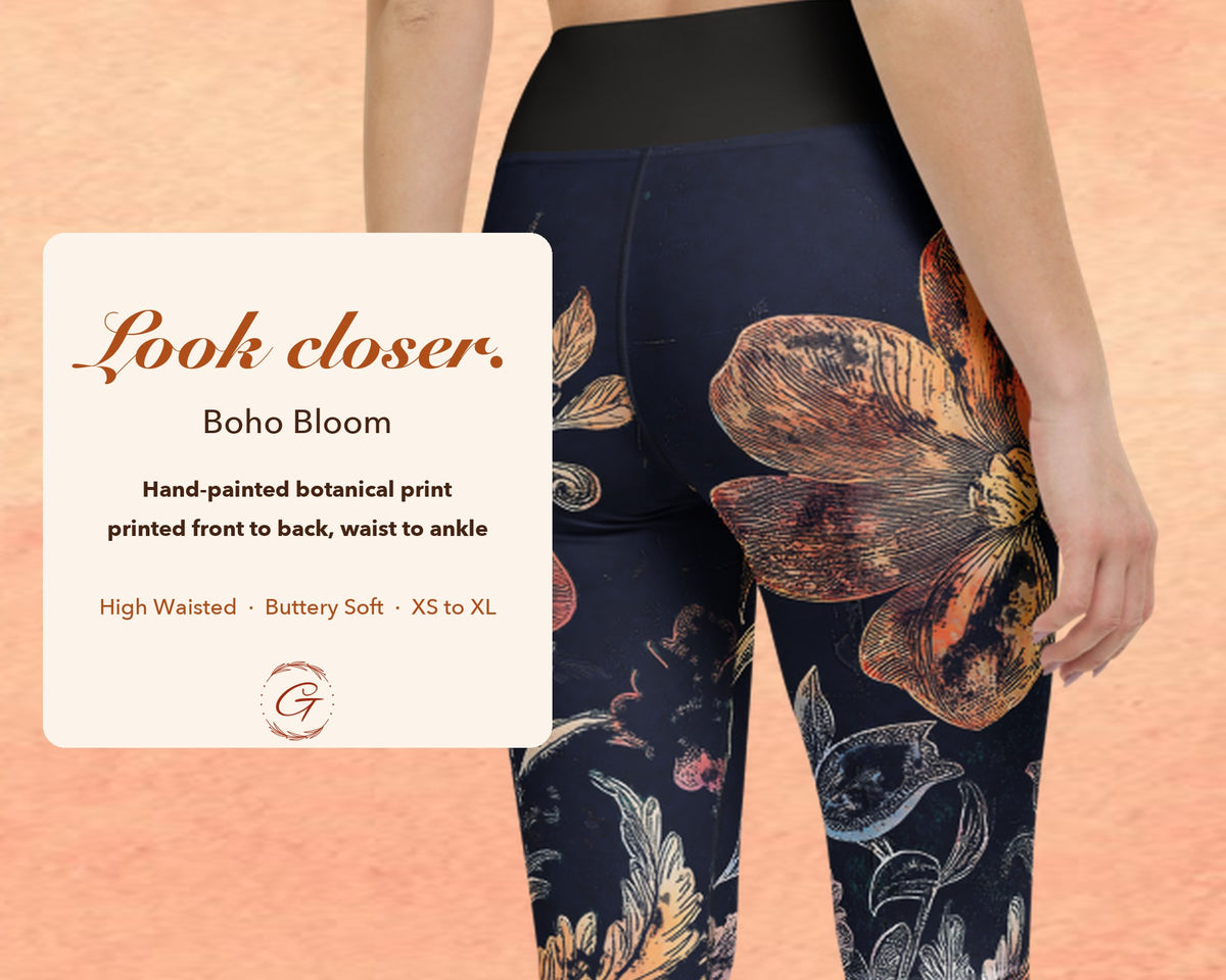 Midnight Blue Boho Floral Leggings for Women, Gold Flower Yoga Pants, High Waisted Workout Leggings, Botanical Print Gift for Her