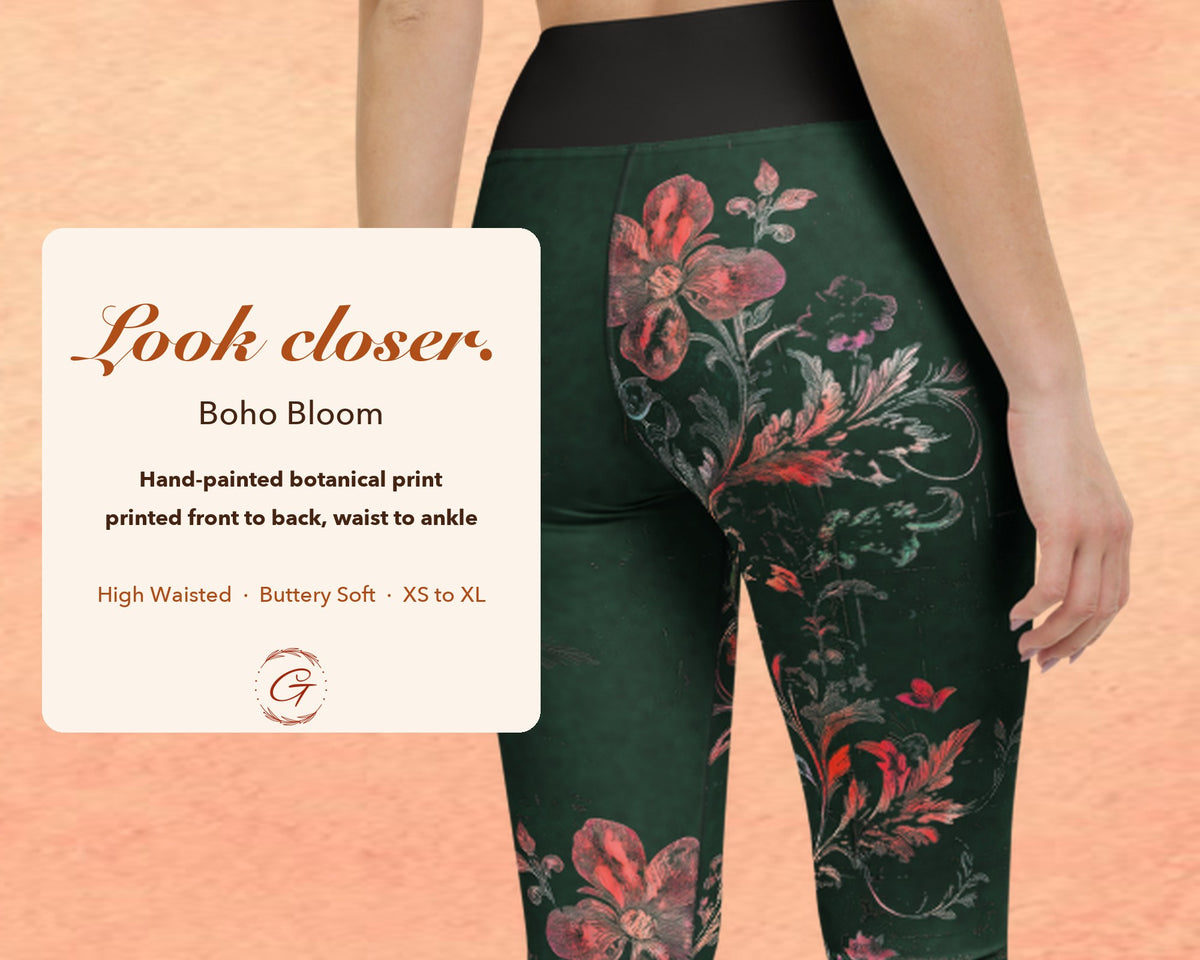Christmas Green Boho Floral Leggings for Women, Red Flower Yoga Pants, High Waisted Workout Leggings, Botanical Print Gift for Her