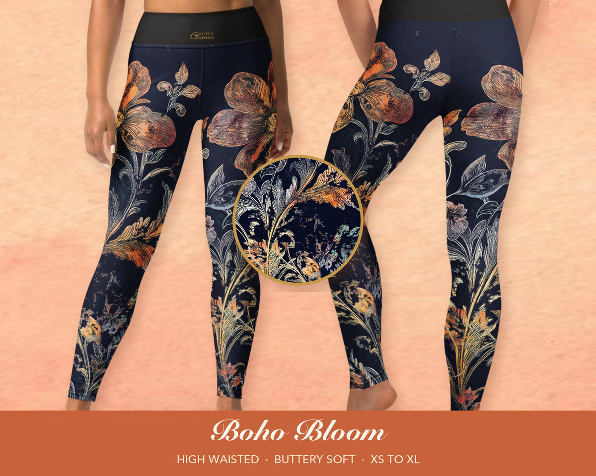 Midnight Blue Boho Floral Leggings for Women, Gold Flower Yoga Pants, High Waisted Workout Leggings, Botanical Print Gift for Her