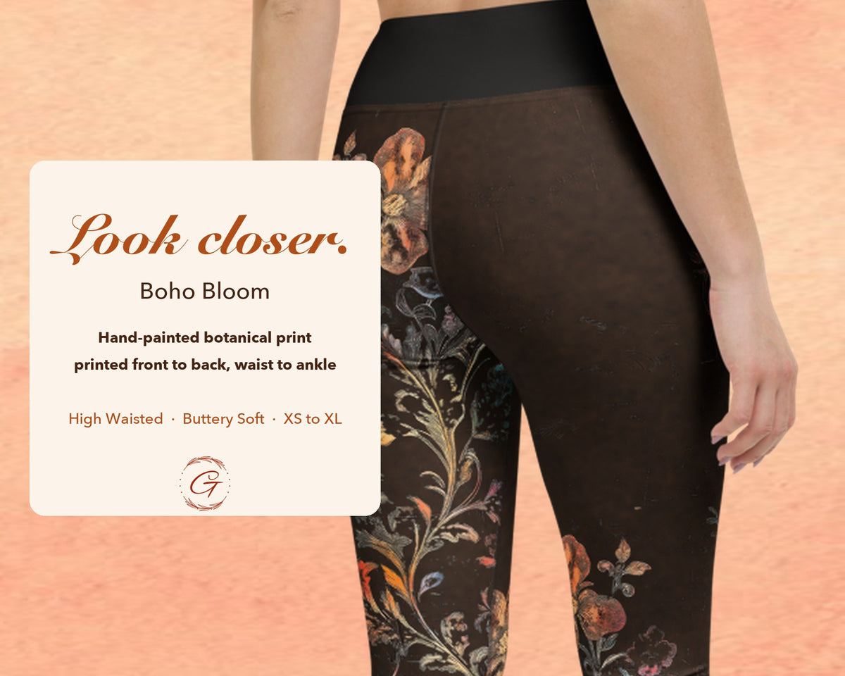 Brown Boho Floral Leggings for Women, Autumn Flower Yoga Pants, High Waisted Workout Leggings, Botanical Print Gift for Her