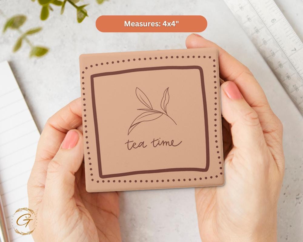 Soapstone Coaster Tea Time Brown Square Design with Cork Backing Unique Tea Lovers Gift,Functional Home Decor Stylish Table's Drink Coaster