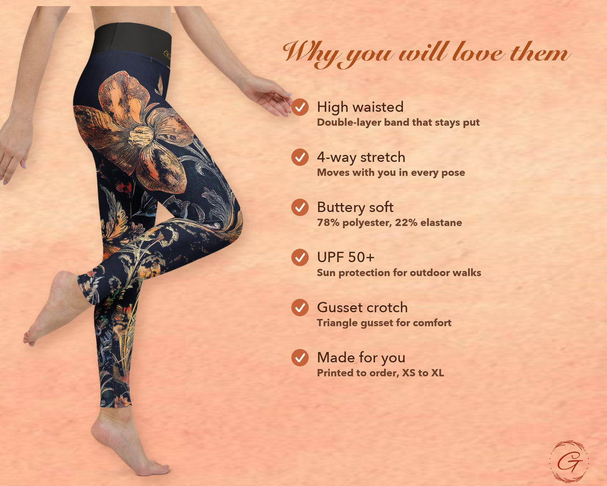 Midnight Blue Boho Floral Leggings for Women, Gold Flower Yoga Pants, High Waisted Workout Leggings, Botanical Print Gift for Her
