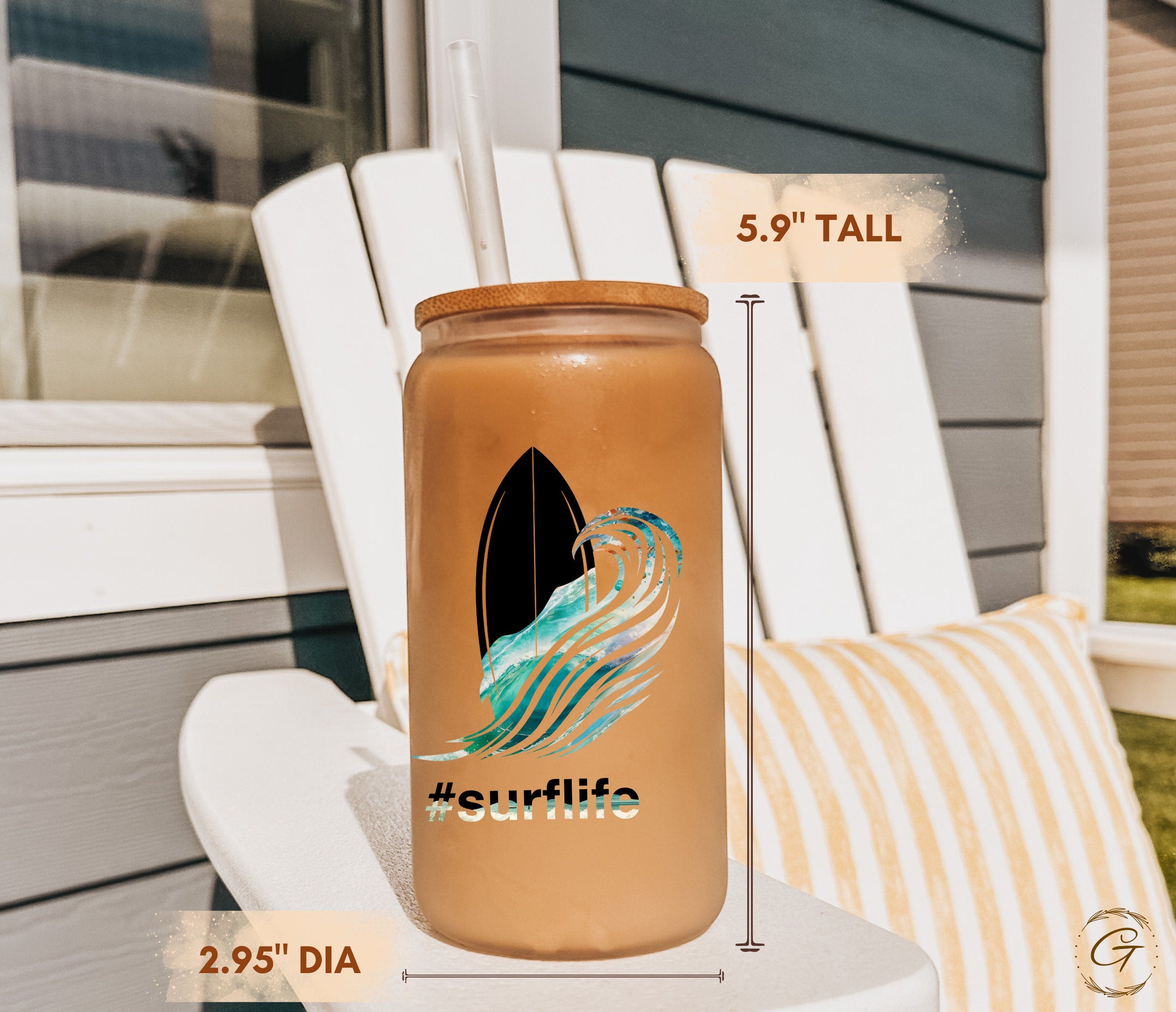 Surf Life Design Frosted Glass Cup, Personalized Beach Waves Libbey Cup