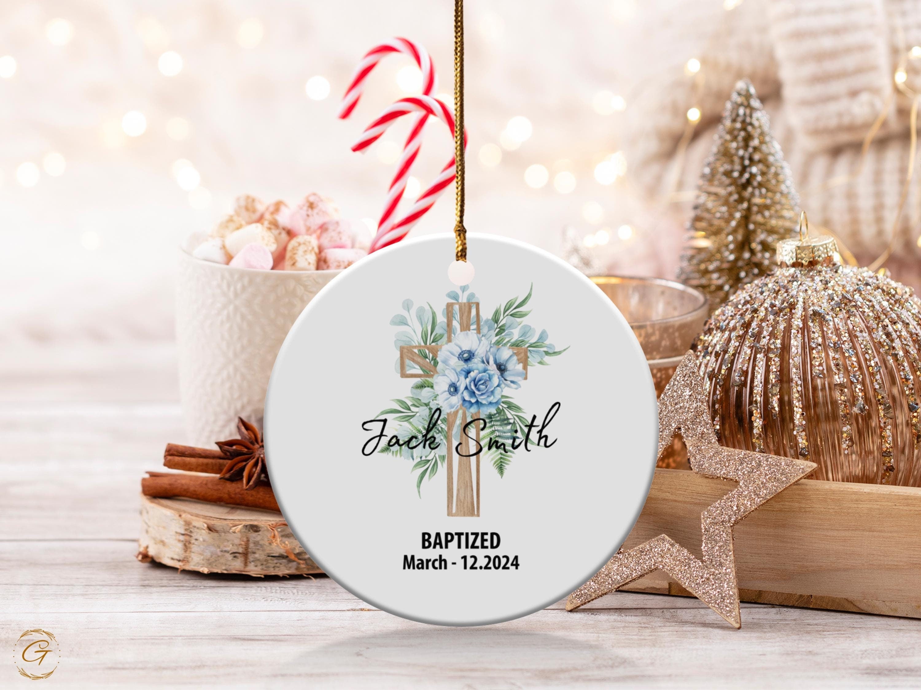 Personalized Baptism Ornament, Cross with Floral Design