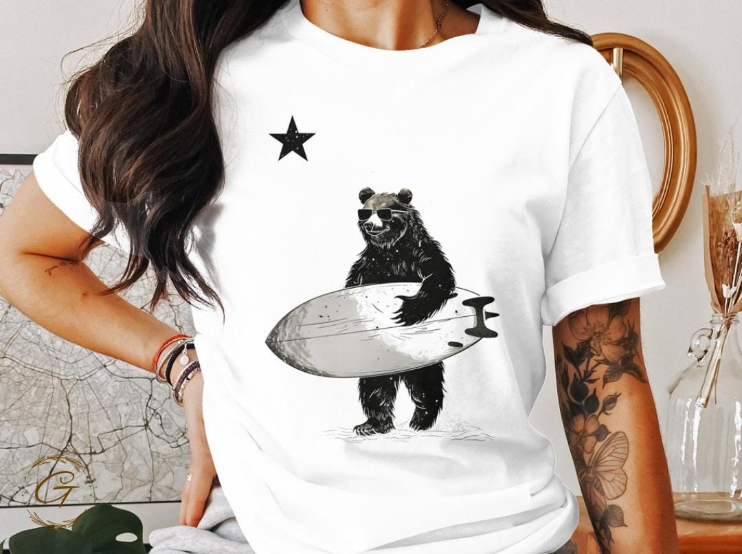 Surfing Bear T-Shirt, Beach Bear Graphic Tee