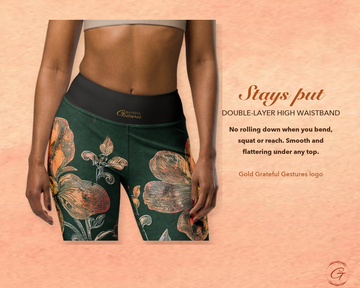 Forest Green Boho Floral Leggings for Women, Peach Flower Yoga Pants, High Waisted Workout Leggings, Botanical Print Gift for Her