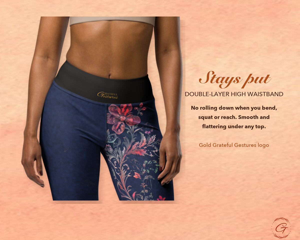Navy Boho Floral Leggings for Women, Pink Flower Yoga Pants, High Waisted Workout Leggings, Botanical Print Gift for Her
