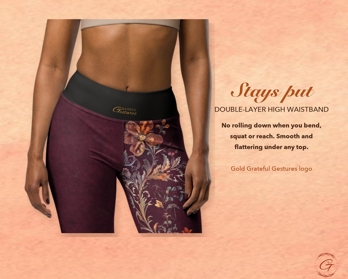 Burgundy Boho Floral Leggings for Women, Autumn Flower Yoga Pants, High Waisted Workout Leggings, Botanical Print Gift for Her