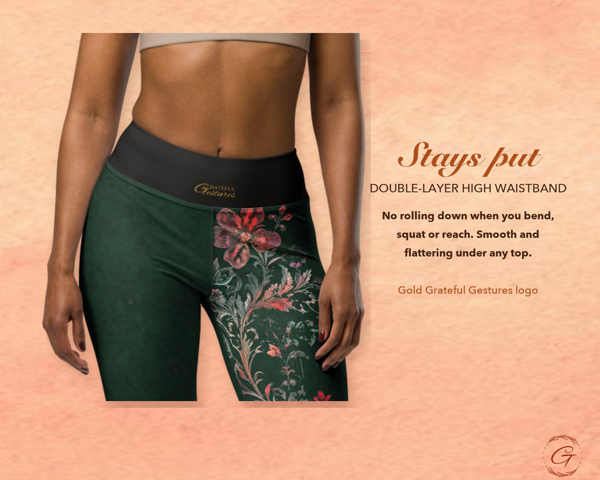 Christmas Green Boho Floral Leggings for Women, Red Flower Yoga Pants, High Waisted Workout Leggings, Botanical Print Gift for Her