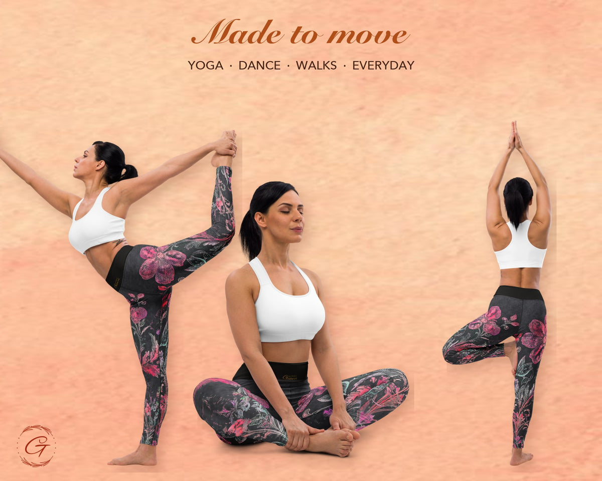 Charcoal Boho Floral Leggings for Women, Rose Pink Flower Yoga Pants, High Waisted Workout Leggings, Botanical Print Gift for Her
