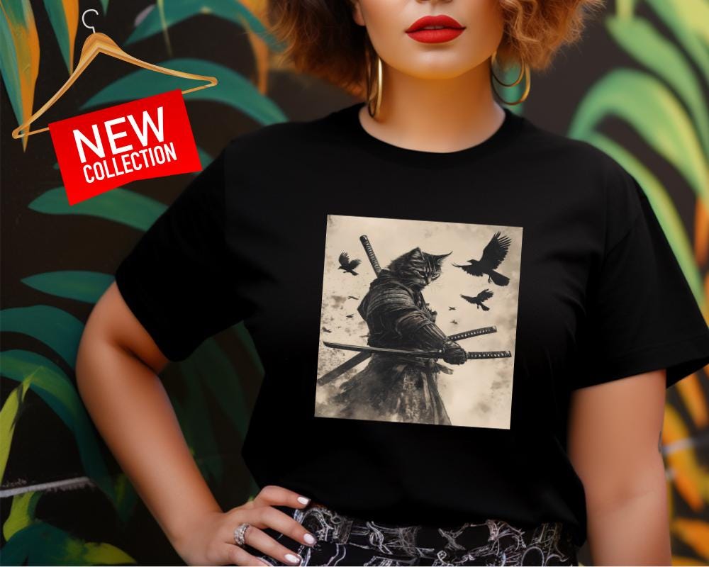 Samurai Cat with Birds Graphic Tee