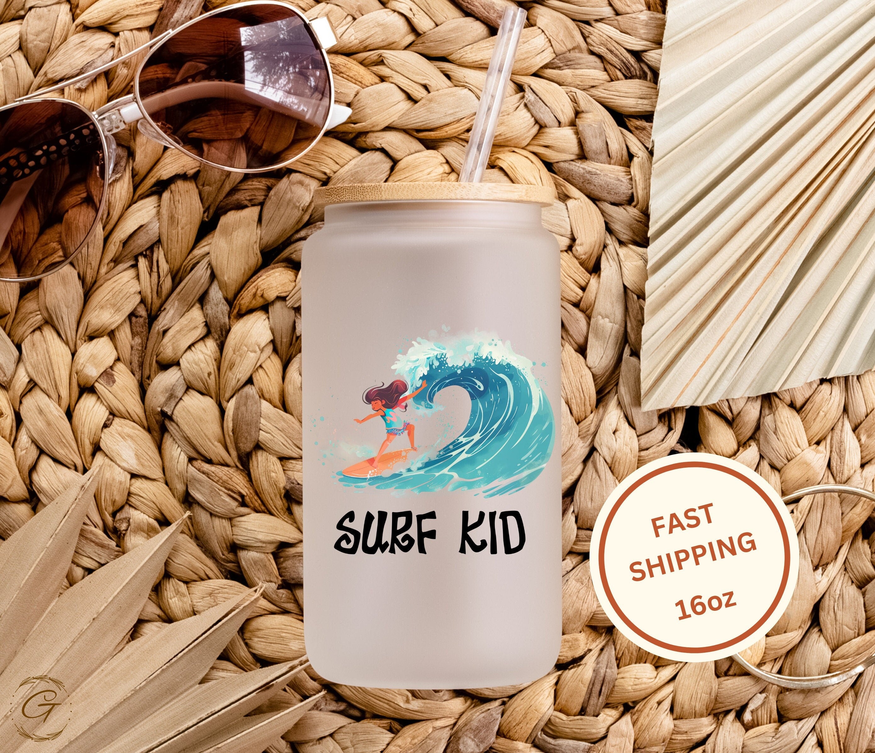 Surf Kid Big Wave Design Frosted Glass Cup