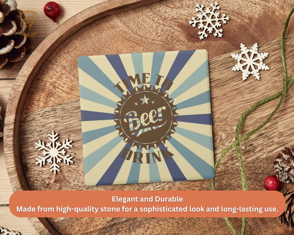 Soapstone Coaster with Time To Drink Beer Retro Design, Unique Cork Backing Cool Bar Coasters, Perfect Gift for Beer Lovers, Drinkware Decor