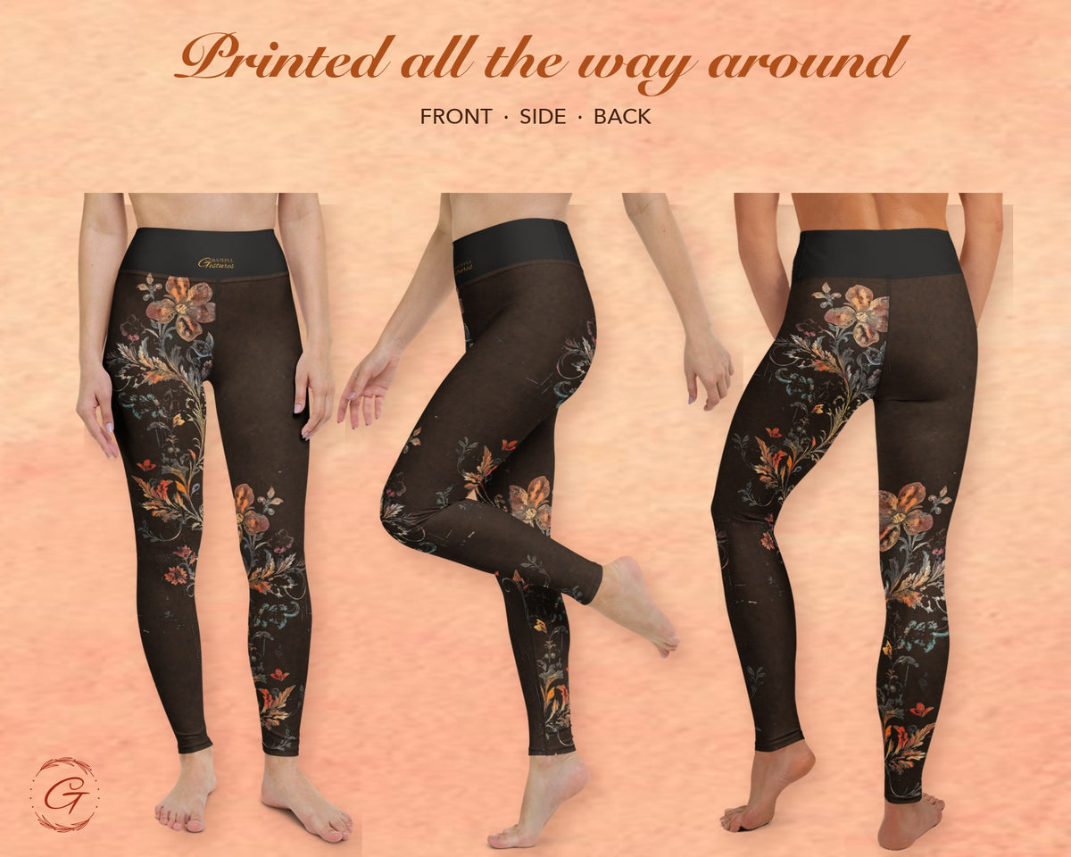 Brown Boho Floral Leggings for Women, Autumn Flower Yoga Pants, High Waisted Workout Leggings, Botanical Print Gift for Her
