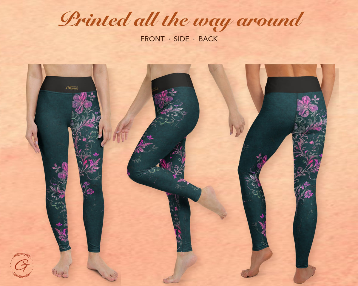 Teal Boho Floral Leggings for Women, Pink Flower Yoga Pants, High Waisted Workout Leggings, Botanical Print Gift for Her