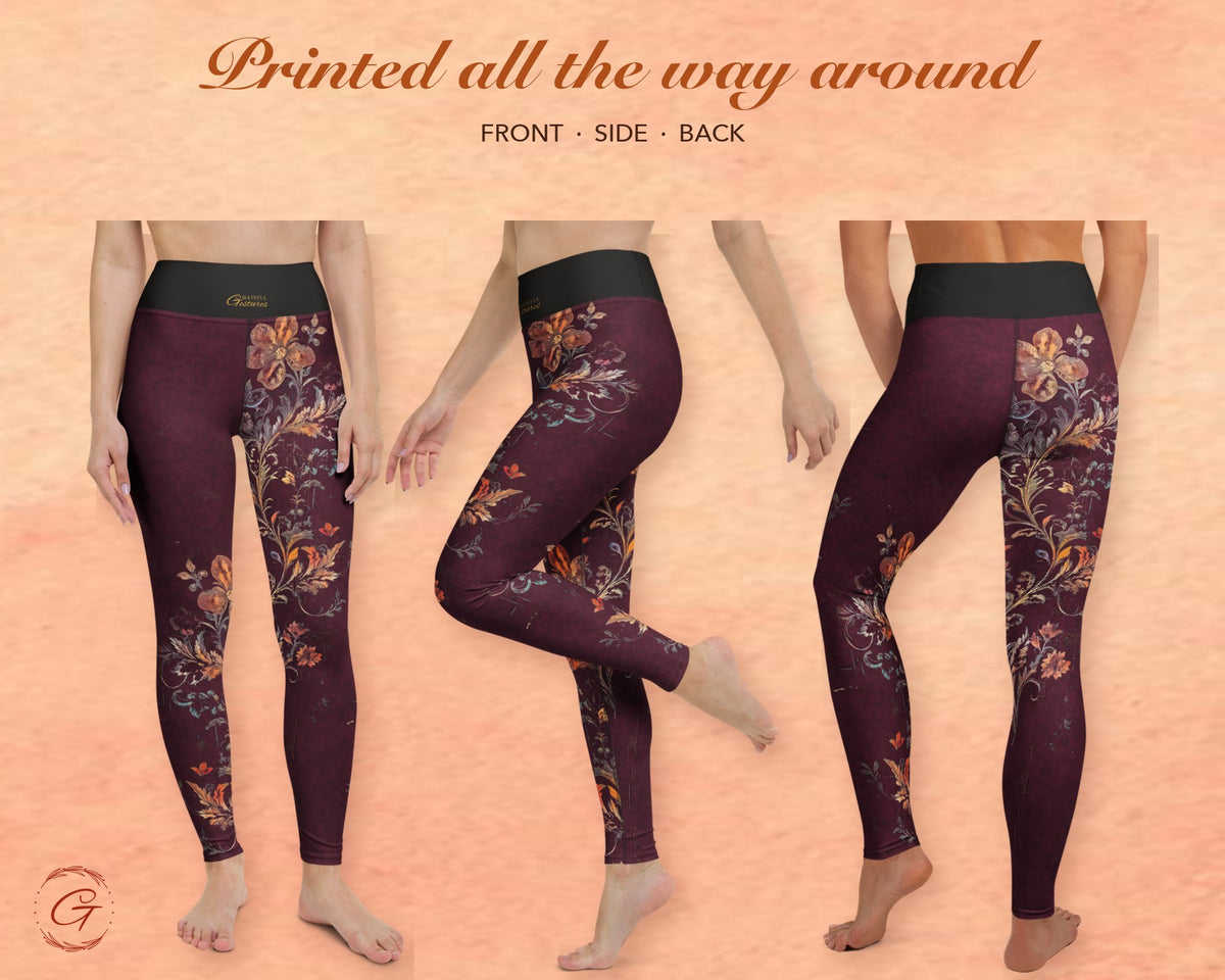 Burgundy Boho Floral Leggings for Women, Autumn Flower Yoga Pants, High Waisted Workout Leggings, Botanical Print Gift for Her