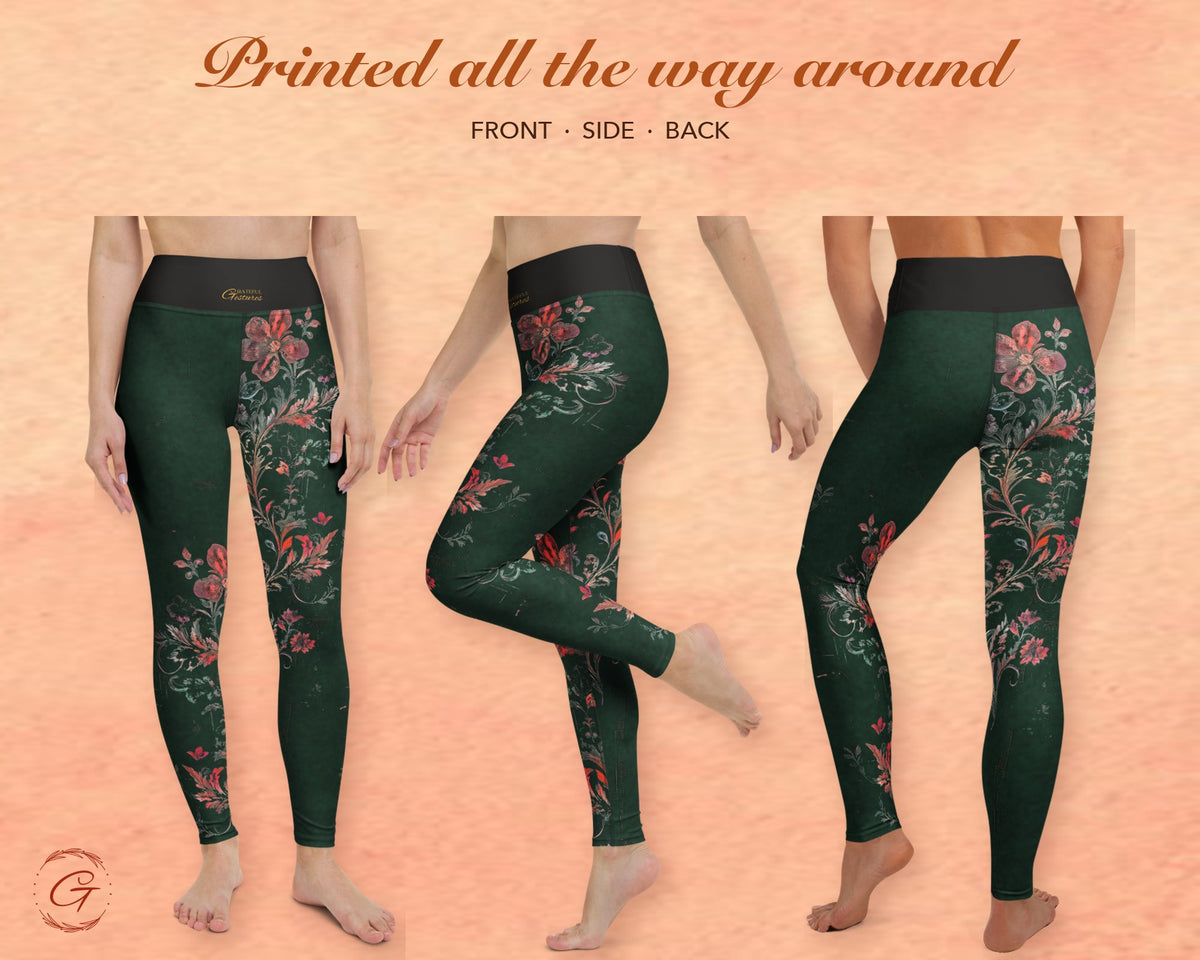 Christmas Green Boho Floral Leggings for Women, Red Flower Yoga Pants, High Waisted Workout Leggings, Botanical Print Gift for Her