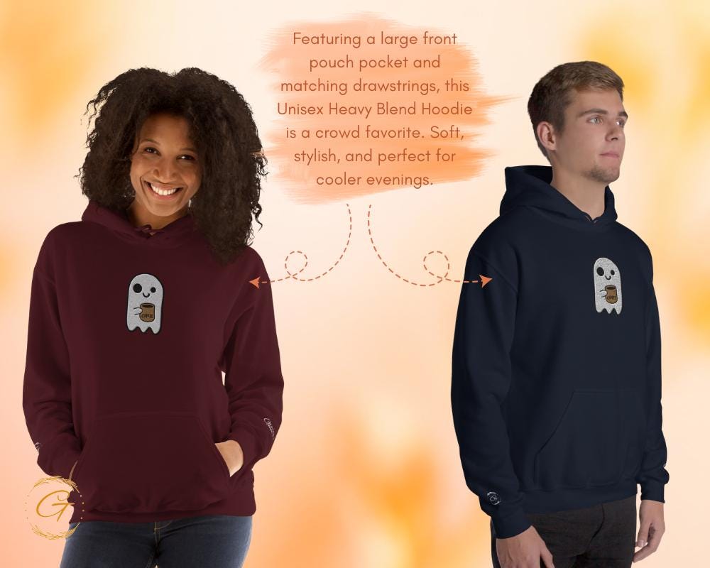 Halloween Hoodie, Embroidery Design Ghost Holding Coffee Mug Hoodie,  Halloween Ghost with Coffee Pullover, Fun Ghost Graphic Hooded Sweater