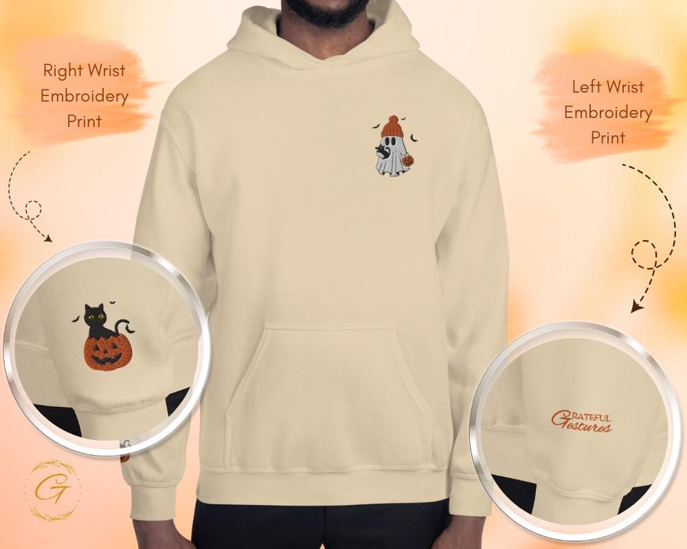 Halloween Hoodie Ghost and Cat Hooded Sweatshirt,  Spooky Ghost with Hat and Pumpkin Hoodie, Everyday Wear Fun Spooky Ghost Season Gift Idea