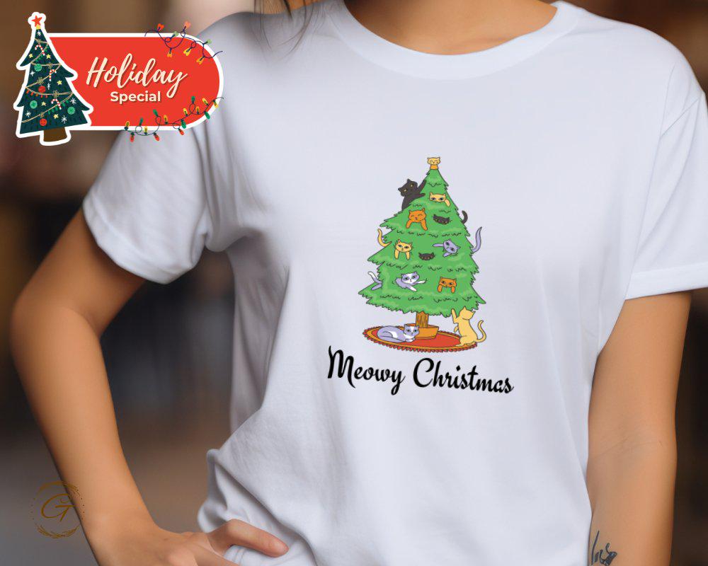 Christmas T-Shirt, Cute Meowy Tee Christmas Cat Tree Shirt
