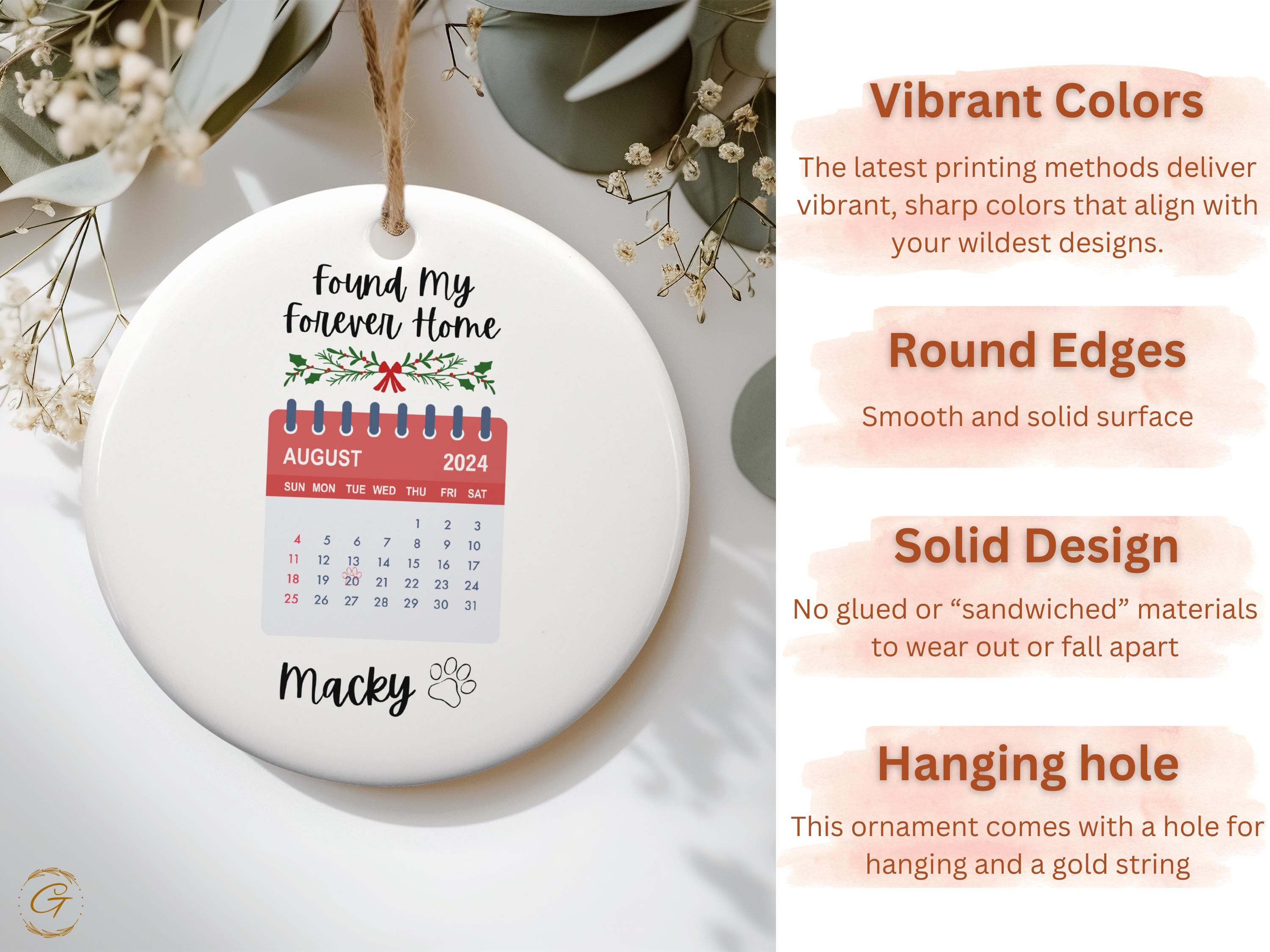 Personalized Pet Adoption Date Ornament, Keepsake decoration, holiday home decor, festive keepsake gift, unique calendar Christmas ornaments