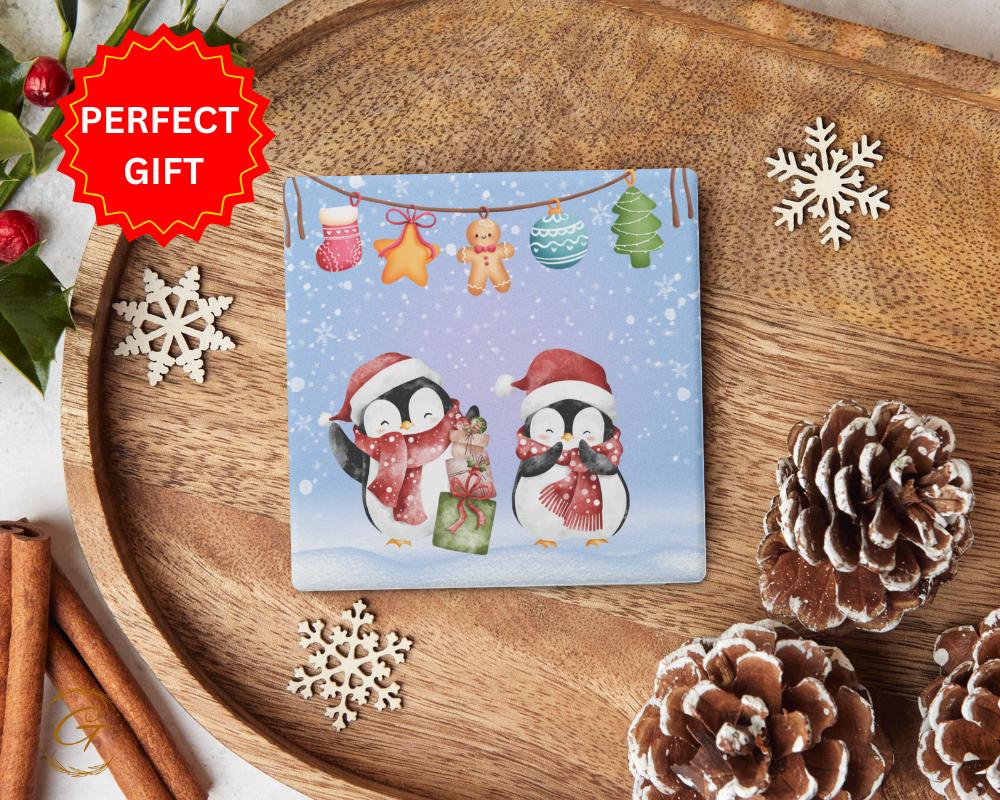 Soapstone Coaster Christmas Penguins Design