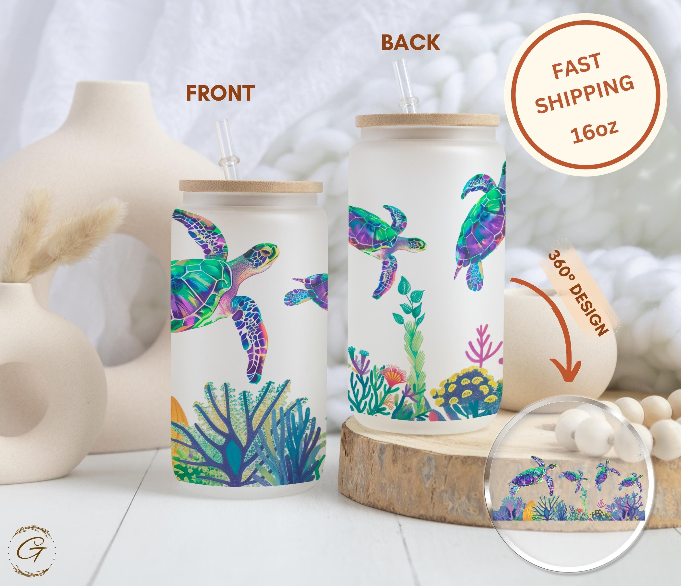 Ocean Turtles and  Corals Design Frosted Glass Cup