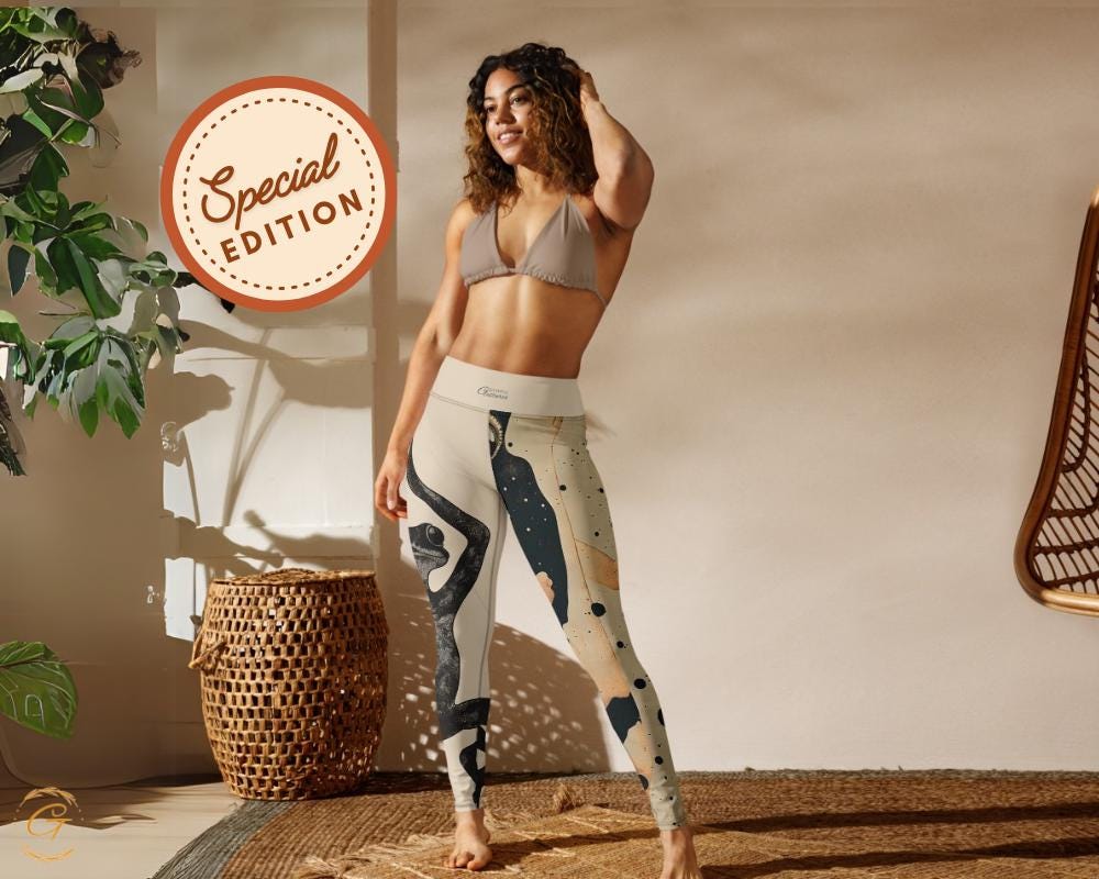 Gecko Beige AOP Yoga Leggings and Shorts with Abstract Art -High-Waisted Activewear for Women, Yoga, Workout, Gym and Lounge Wear Yogis Gift