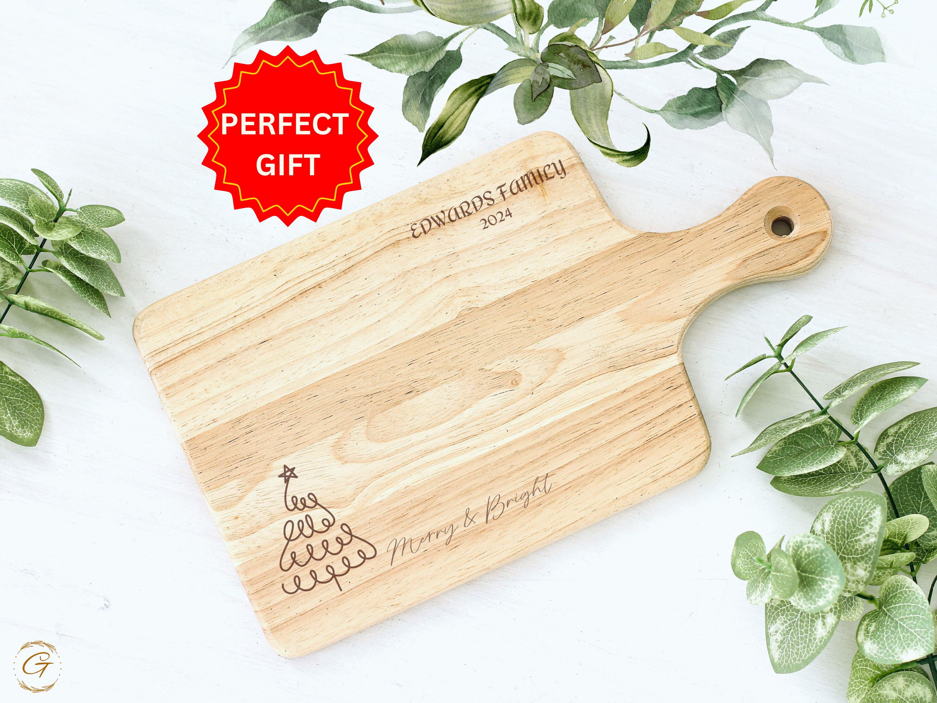 Merry & Bright Personalized Cutting Board with Family Names | Engraved Holiday Kitchen Gifts | Rustic Wood Board for Christmas Cooking Gifts