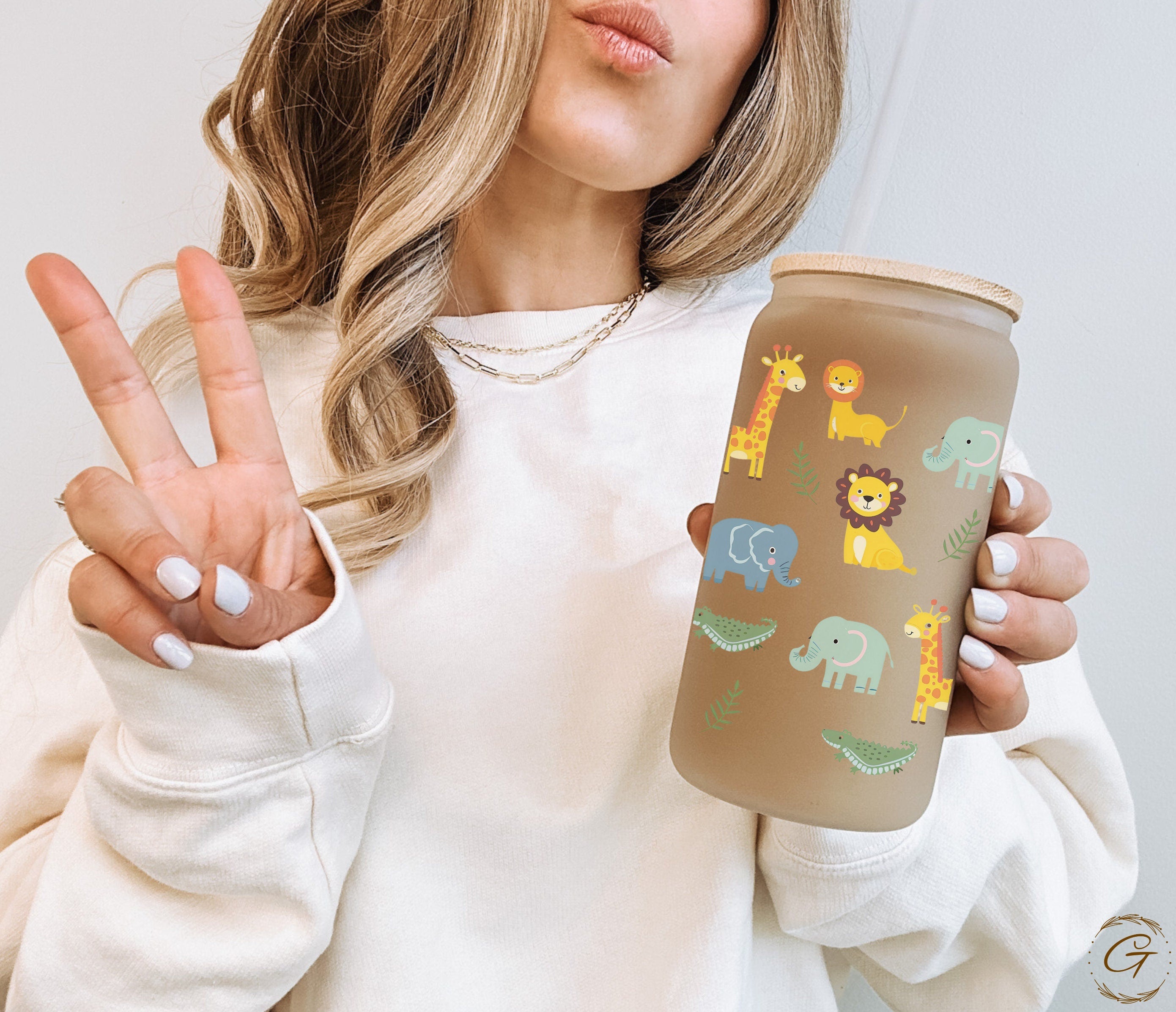 Jungle Animals Frosted Glass Cup