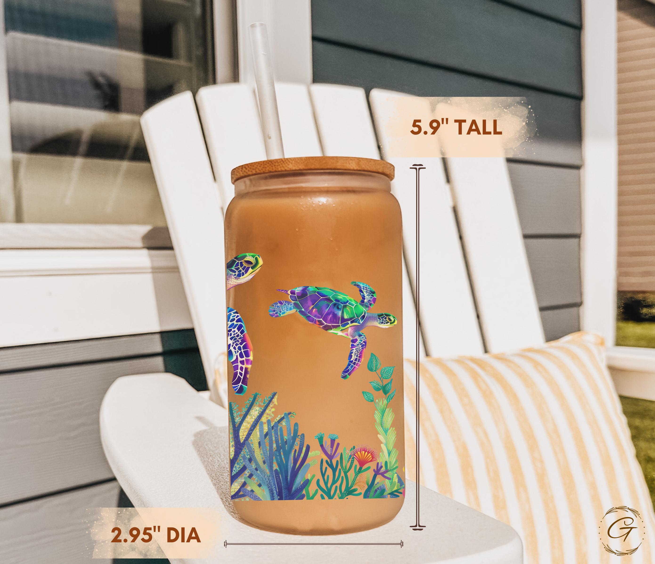 Ocean Turtles and  Corals Design Frosted Glass Cup
