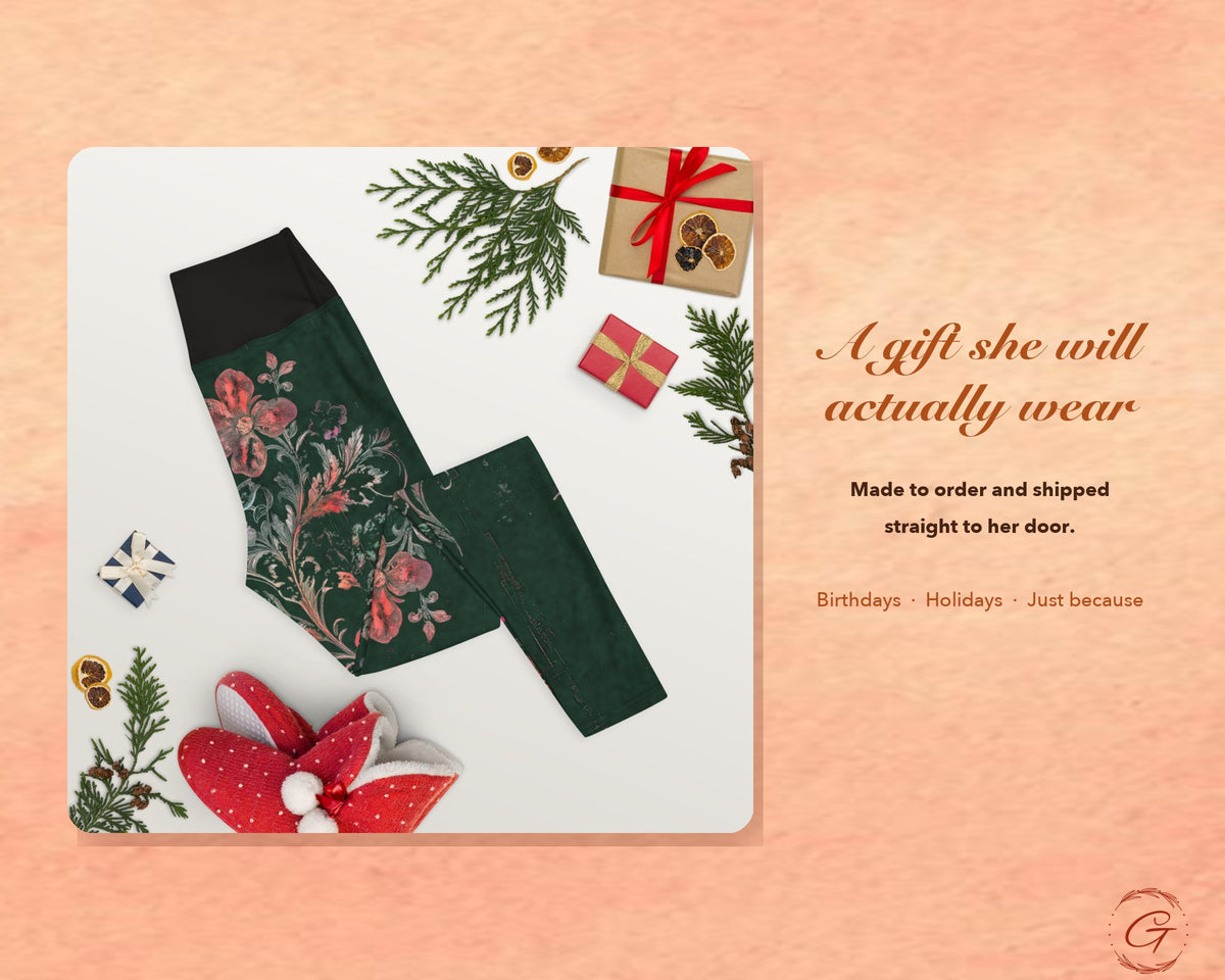 Christmas Green Boho Floral Leggings for Women, Red Flower Yoga Pants, High Waisted Workout Leggings, Botanical Print Gift for Her