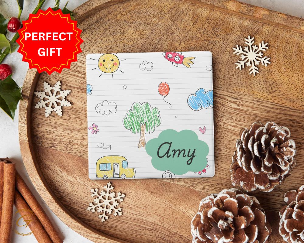 Personalized Soapstone Coaster with Custom Kids Name Design with Cork Backing, Stylish Unique Gift for Kids, Personalized Names Drink Holder