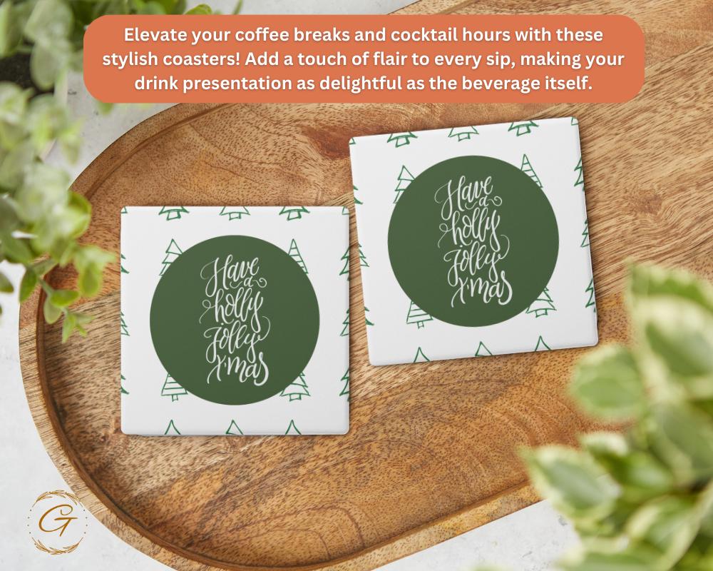 Soapstone Coaster with "Have a Holly Jolly Christmas" Green Design, Festive Holiday Coaster, Cork Backing, Christmas Decor, Unique Gift Idea