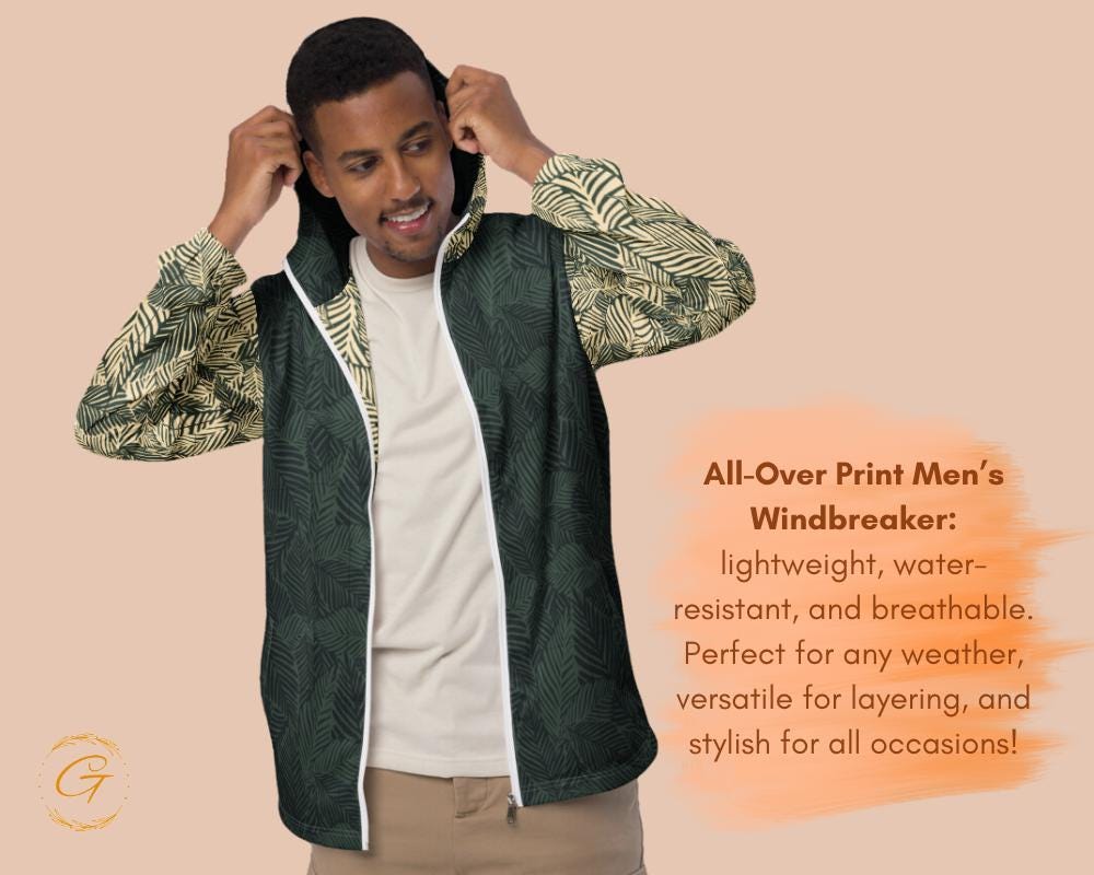 Men’s Windbreaker Leaves Design, Stylish Zip-Up Jacket