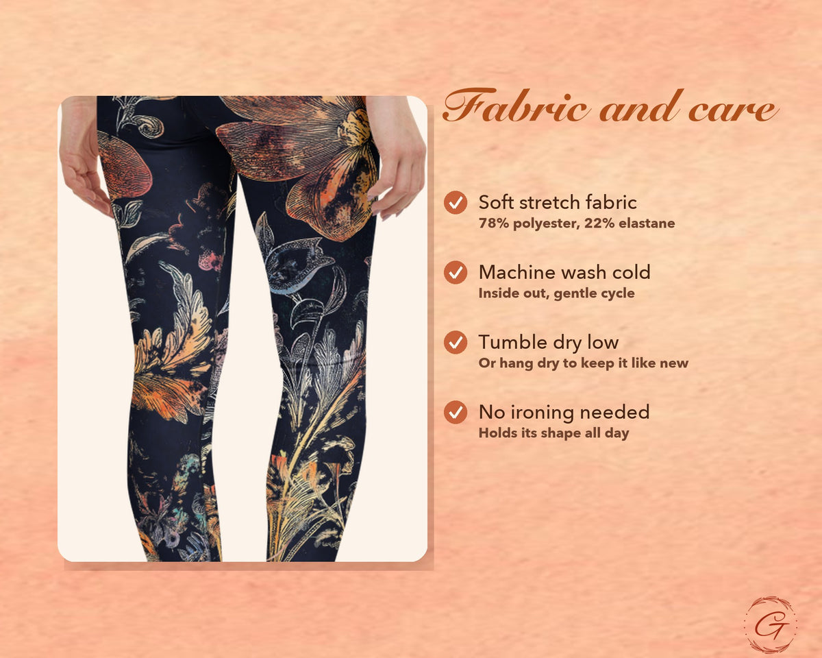 Midnight Blue Boho Floral Leggings for Women, Gold Flower Yoga Pants, High Waisted Workout Leggings, Botanical Print Gift for Her