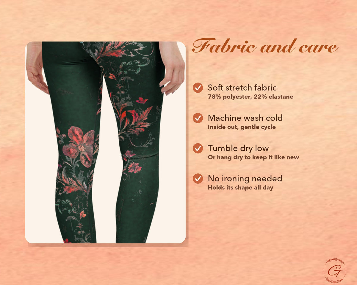 Christmas Green Boho Floral Leggings for Women, Red Flower Yoga Pants, High Waisted Workout Leggings, Botanical Print Gift for Her