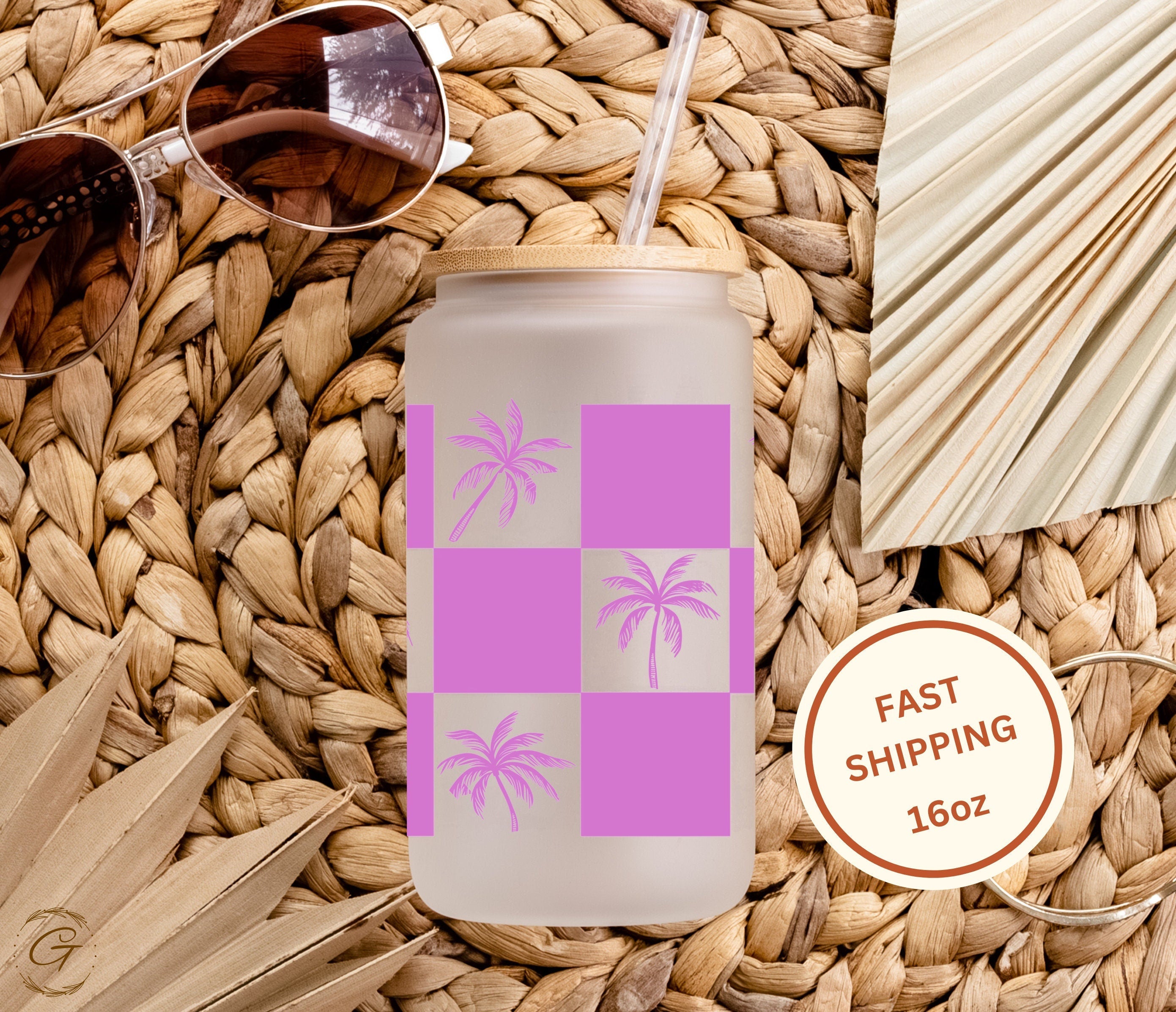 Summer Checkered Palm Tree Frosted Libbey Cup 16oz