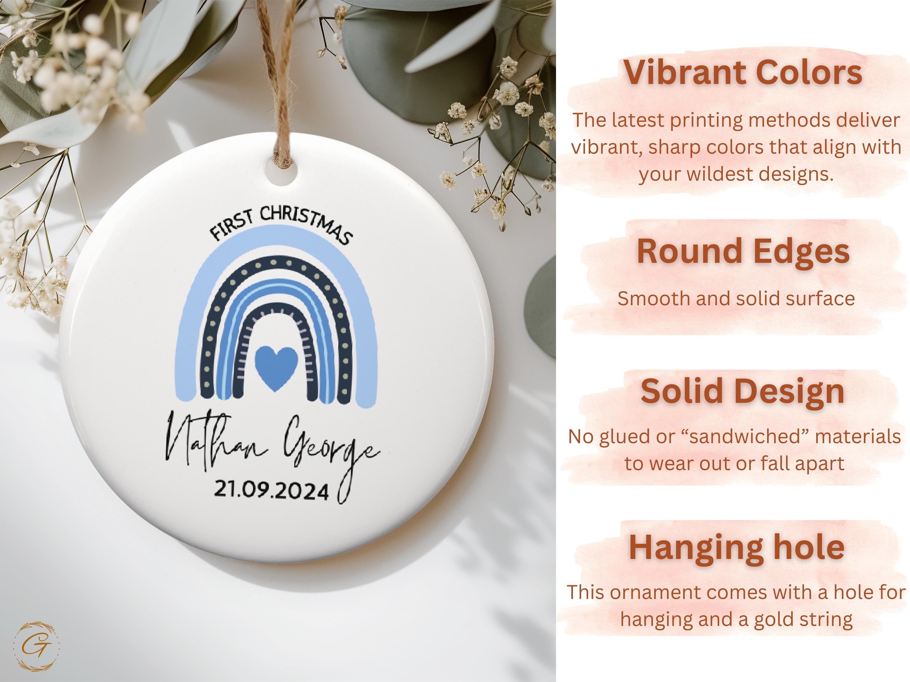 Custom First Christmas Baby Ornament, Blue Rainbow Watercolor Ornament