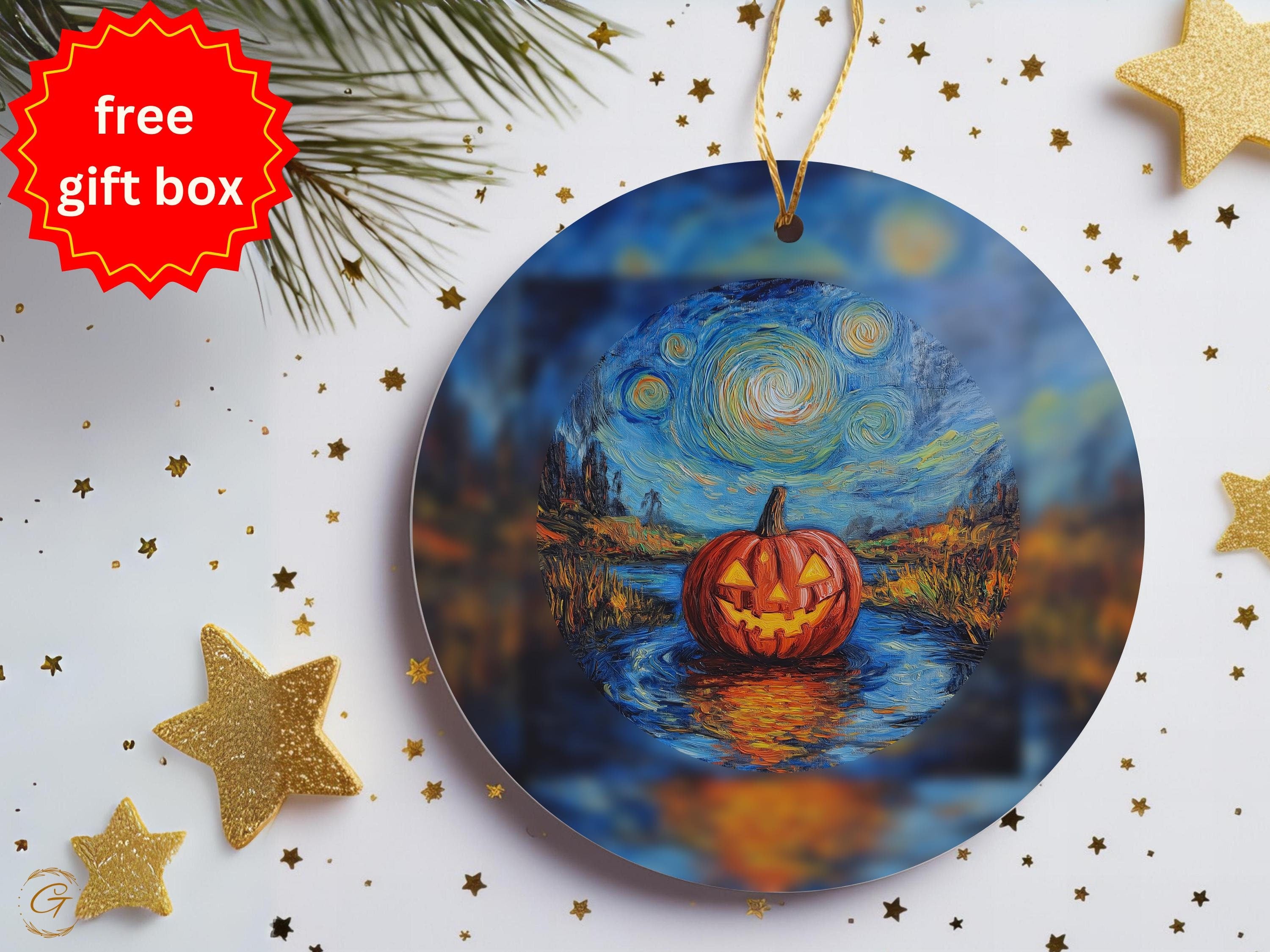 Halloween Pumpkin Ornament, Starry Night Design, Unique Holiday Decoration, Hand-painted Pumpkin Art  Ornament Halloween Ornament Decoration