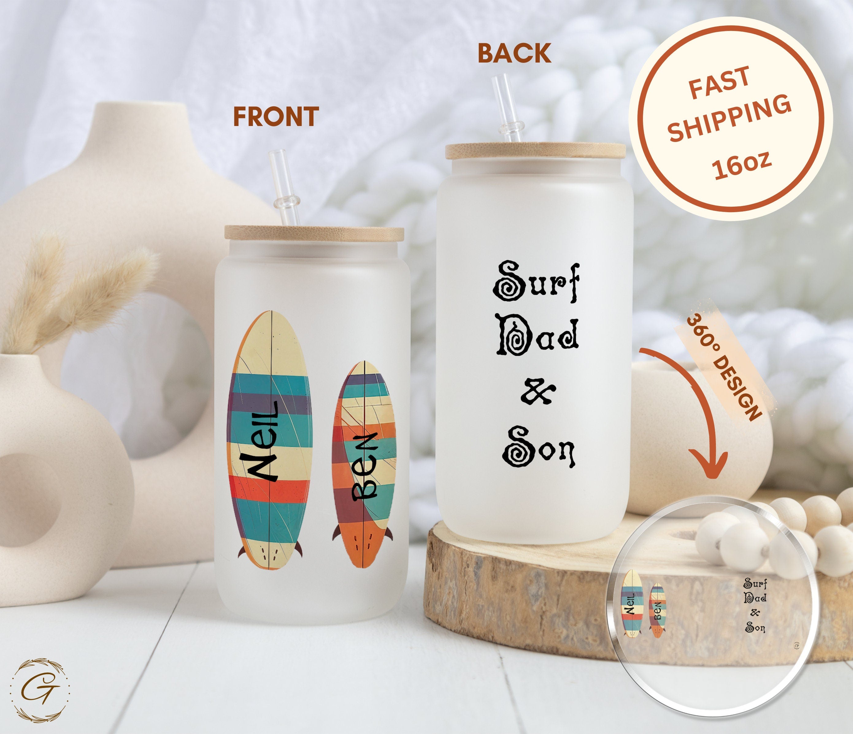 Surf Dad and Son Custom Frosted Glass Cup