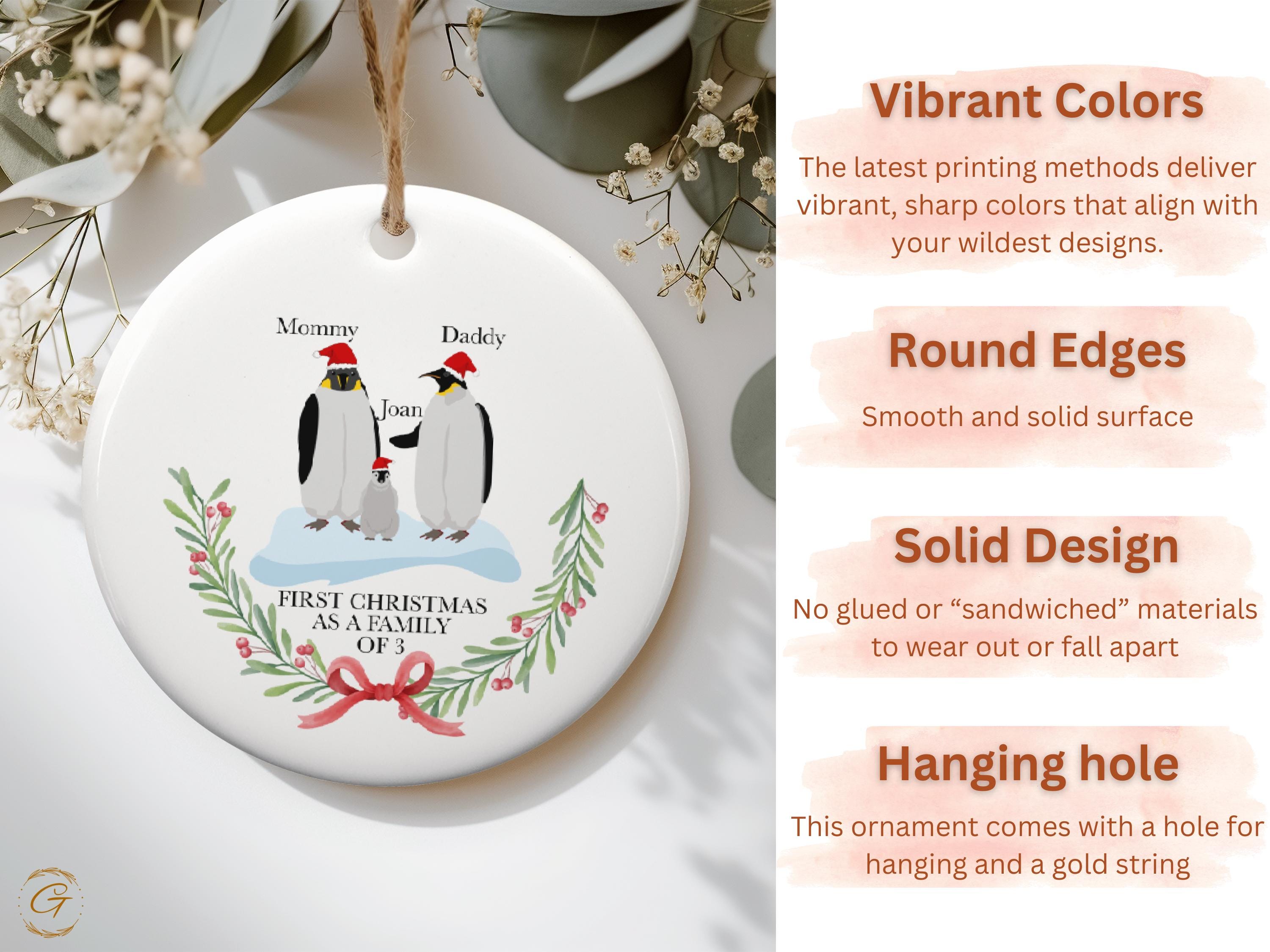 Personalized Family Christmas Ornament, First Christmas as a Family of 3 Ornaments, Penguin Family Holiday Decoration, Custom Names Penguins