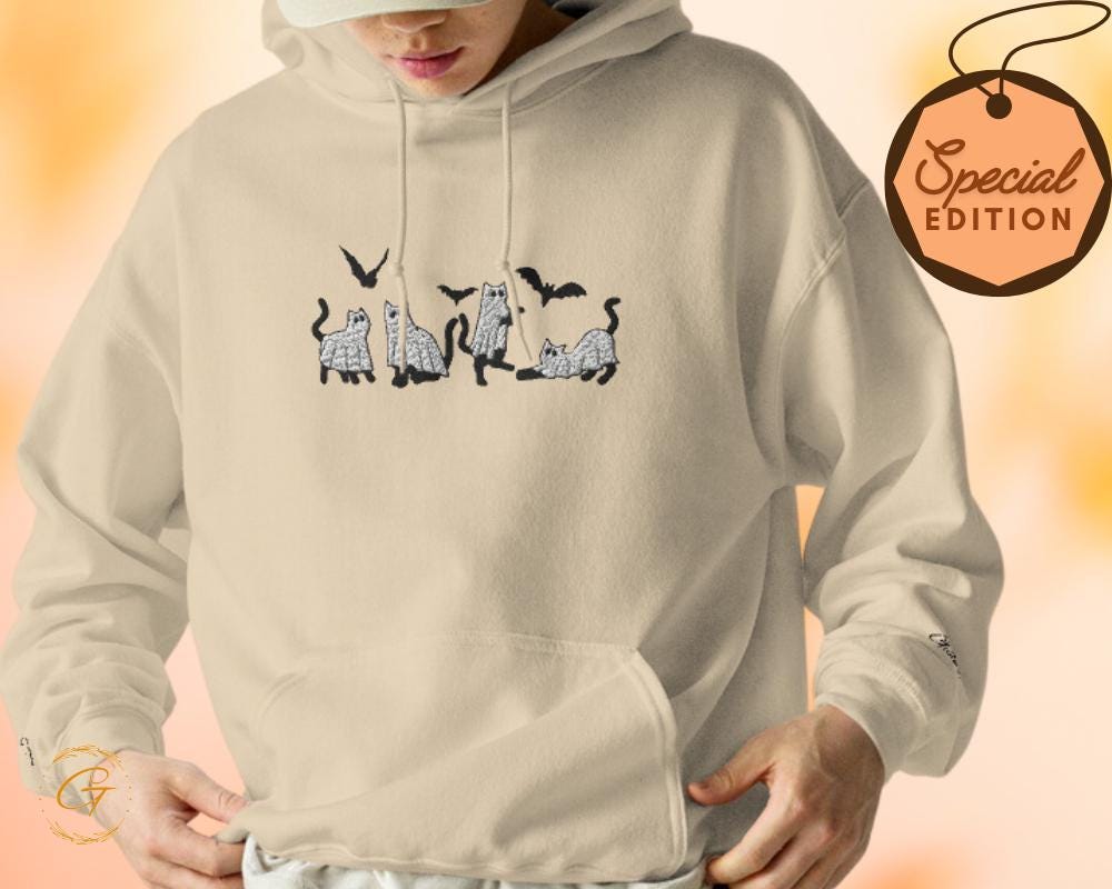 Halloween Hoodie, Cute Embroidery Cats Ghost Hoodie, Spooky Hooded Sweatshirt Spooky Ghost Cats Design Hooded Pullover   Hooded Top for Fall