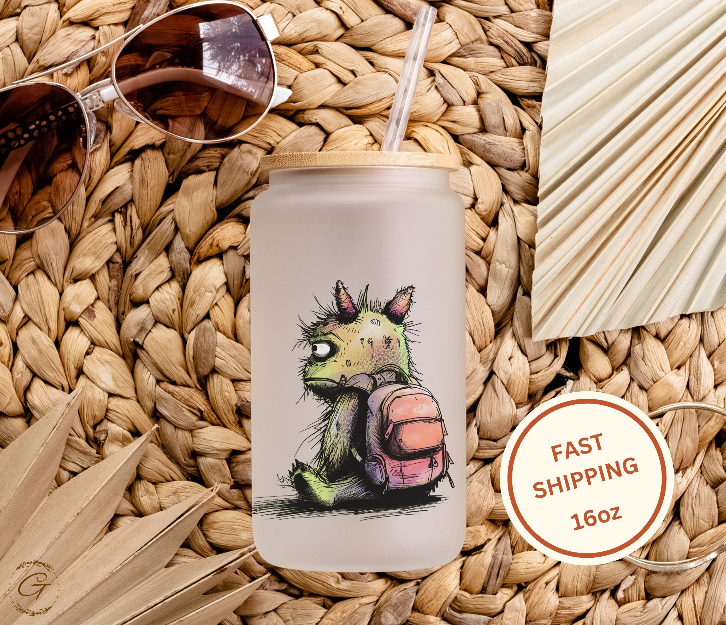 Cute Frosted Glass Cup with Summer Monster