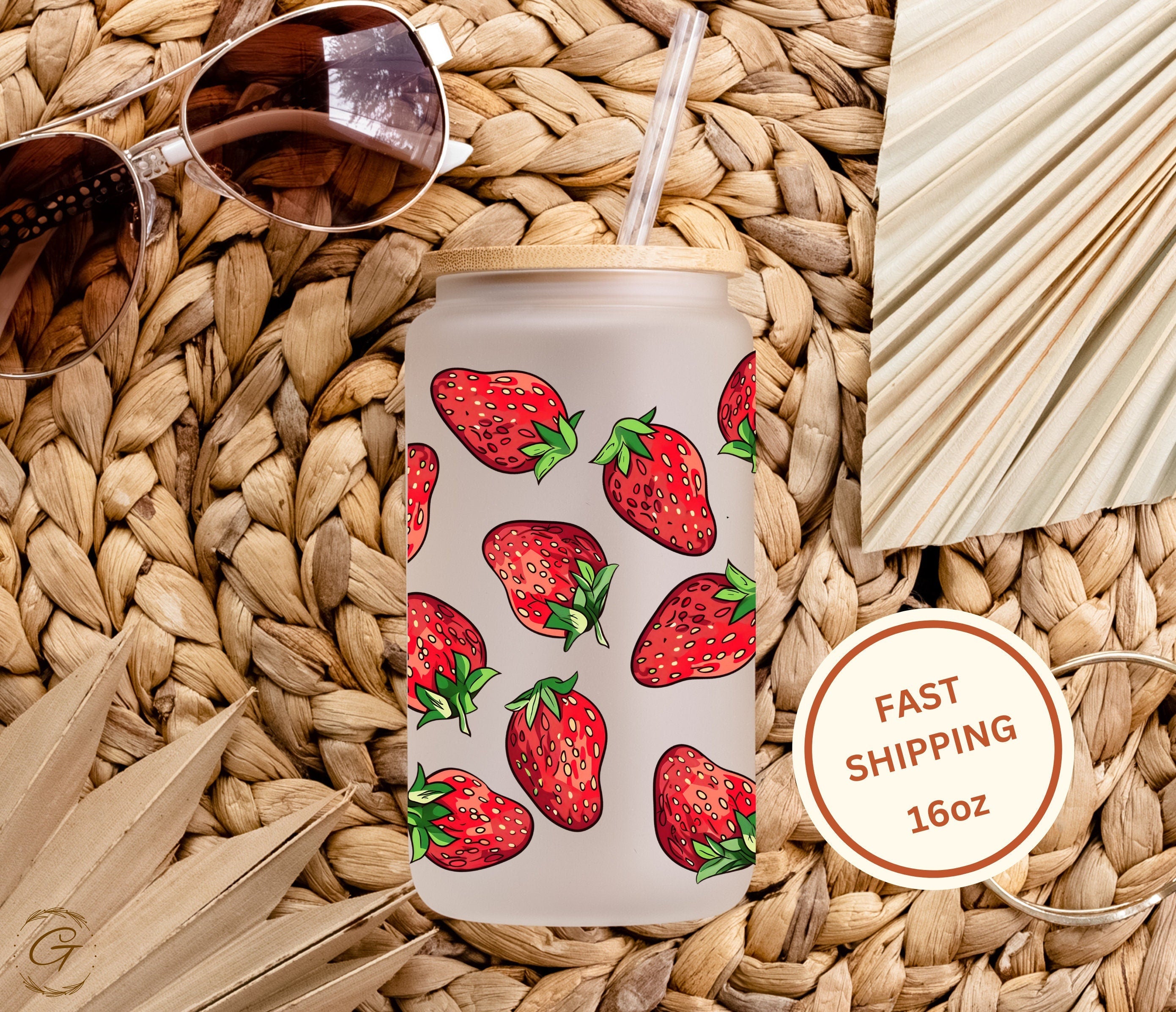 Strawberry Pattern Frosted Glass Libbey Cup