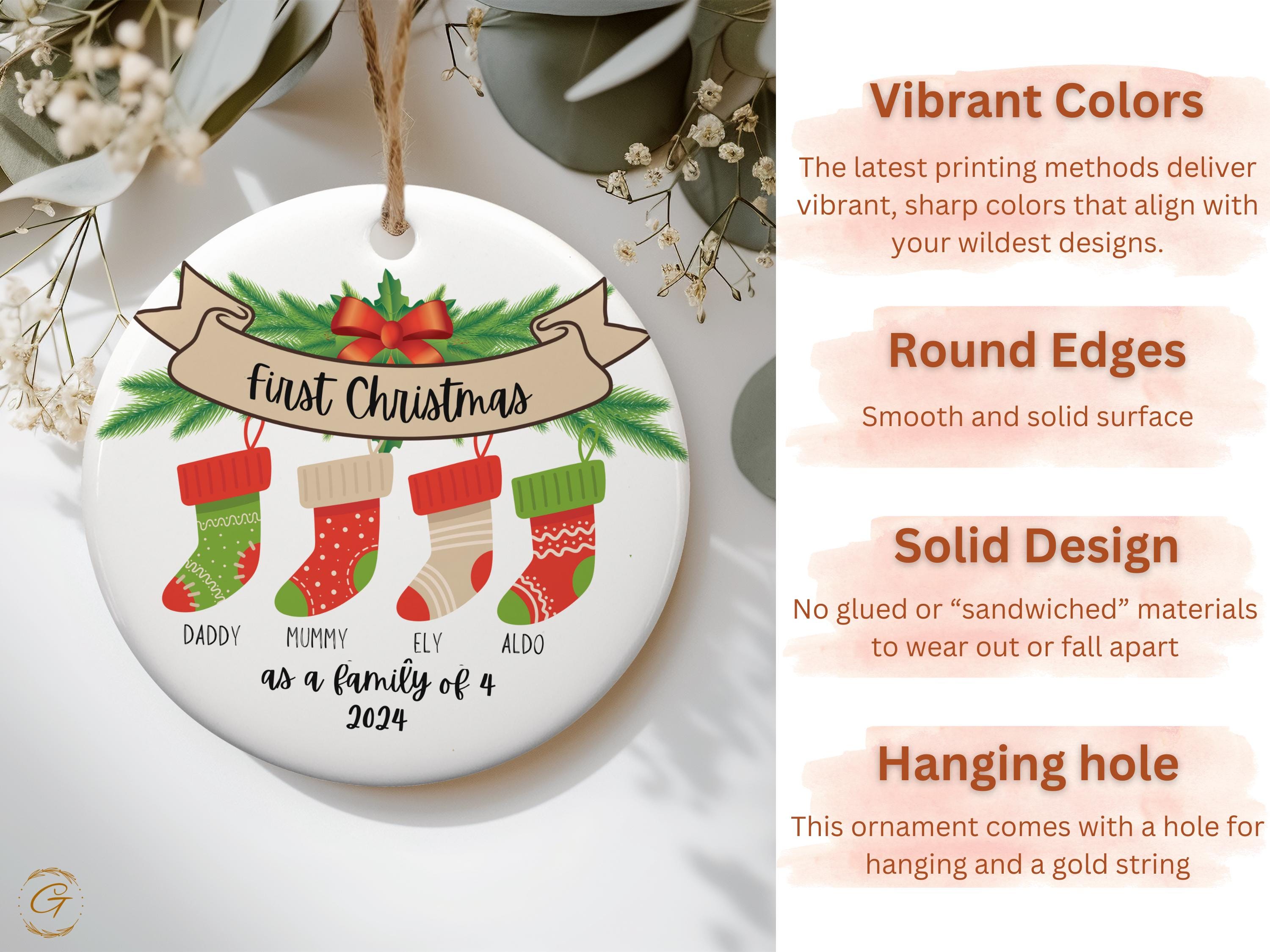 First Christmas Family of 4 Ornament | Personalized Stocking Ornament | Holiday Decor & Christmas Gift 2024 | Unique Gift for Stockings 2024