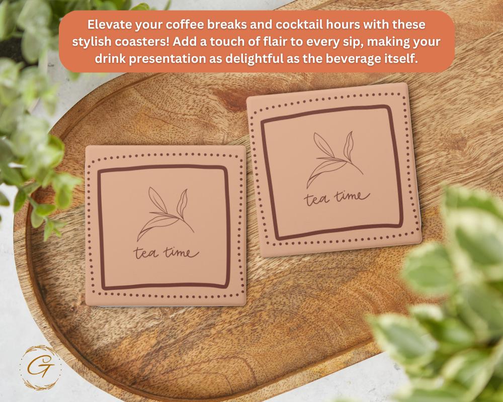 Soapstone Coaster Tea Time Brown Square Design with Cork Backing Unique Tea Lovers Gift,Functional Home Decor Stylish Table's Drink Coaster