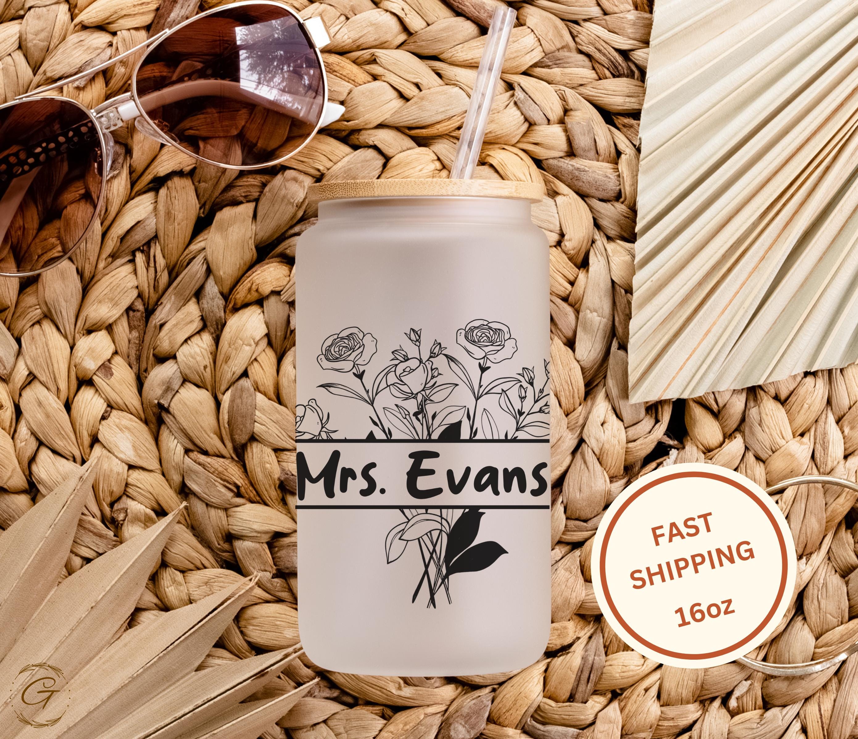 Floral Design with Personalized Name Frosted Glass Cup