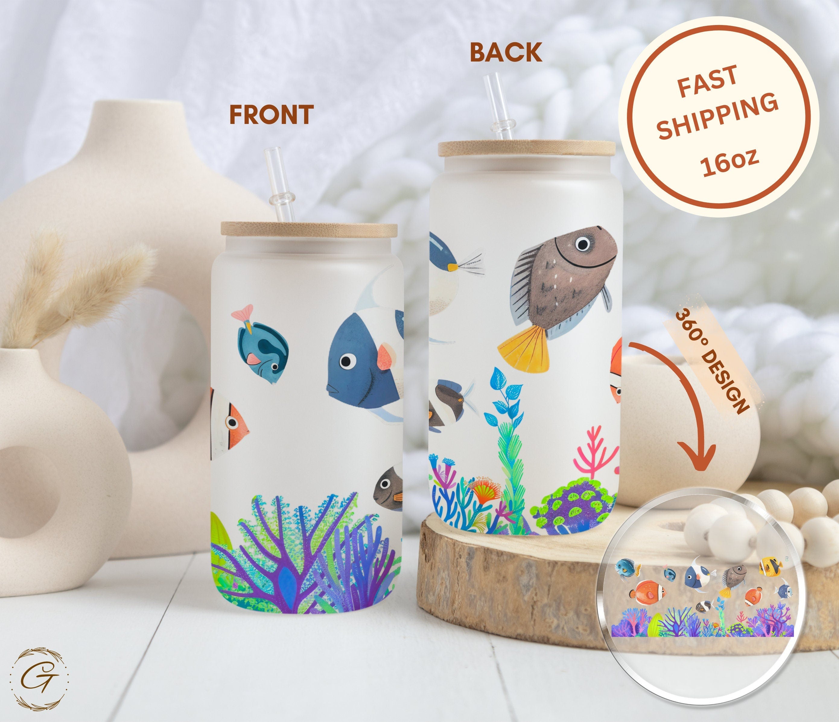 Fish and Corals Design Frosted Glass Cup